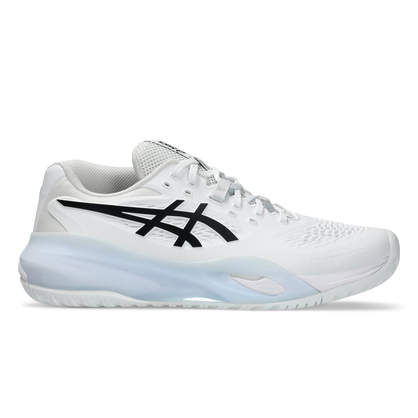 White tennis shoe with black logo on a white background