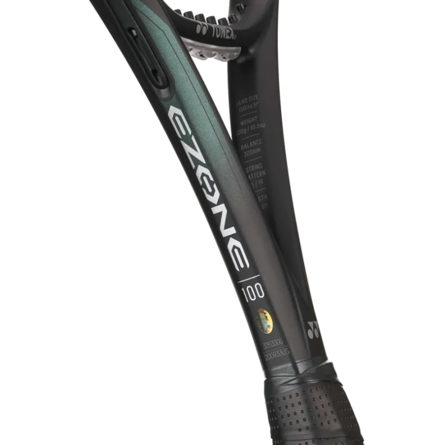 Close-up of a tennis racket with 'EZONE' branding on a white background