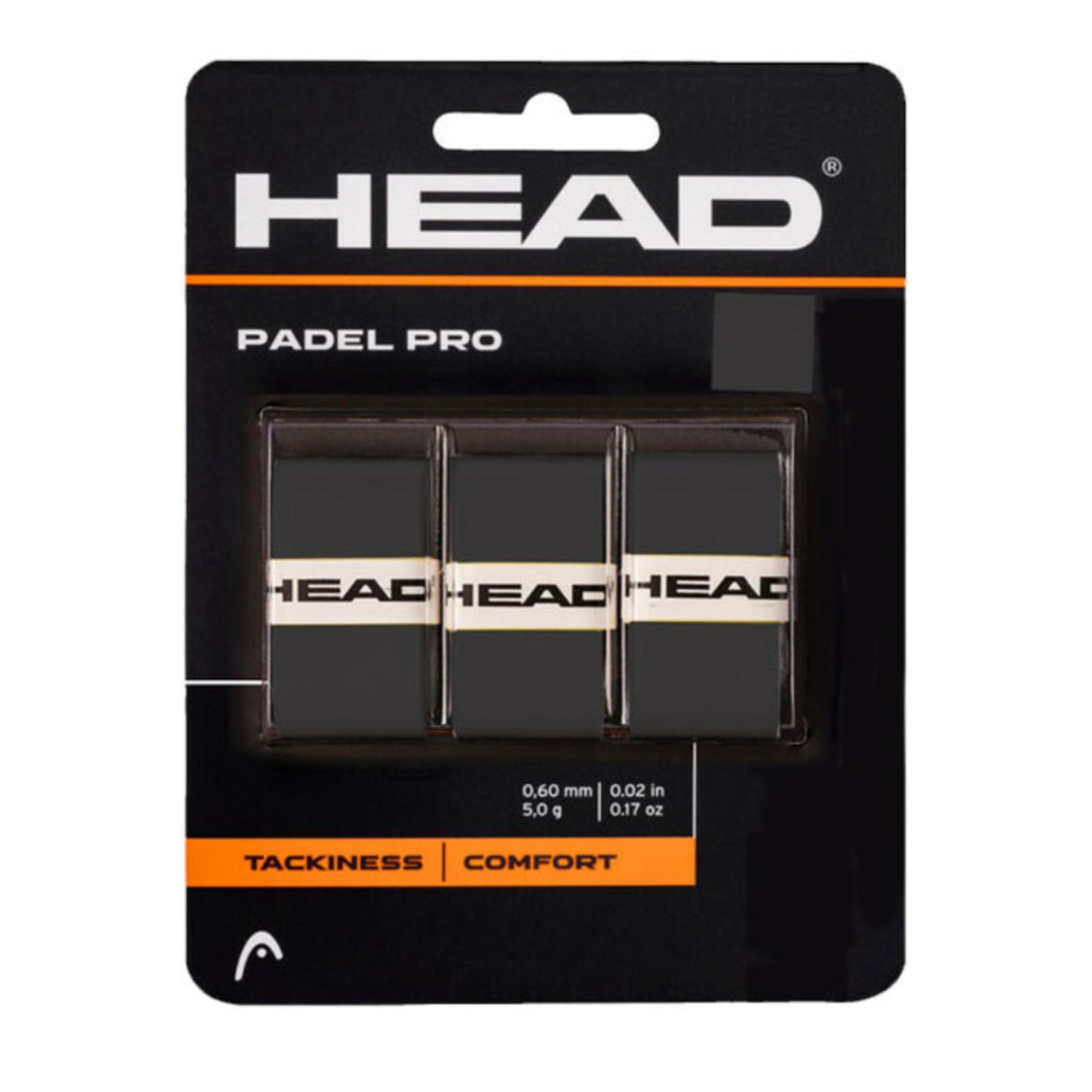 HEAD Padel Pro grip packaging with three black grips inside on a white background