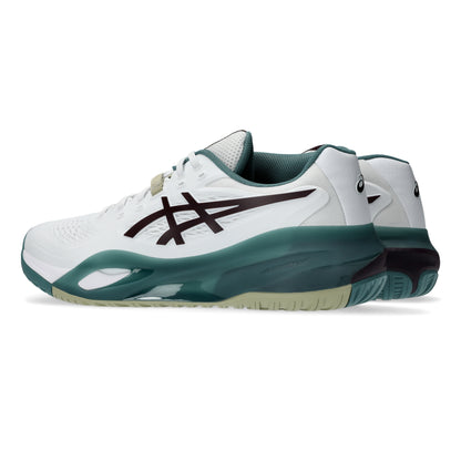 A pair of Asics tennis shoes in white with dark teal and black accents, shown on a clean white background.