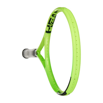 A tennis racket shown from the back, featuring a bright neon lime green frame with black and white 'HEAD' branding, a white grip, and black string bed markings, set against a plain white background.
