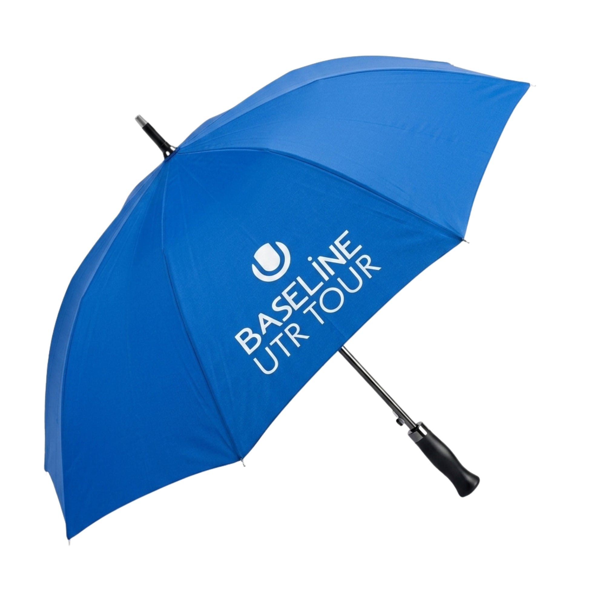 Blue umbrella with White Baseline UTR Tour logo