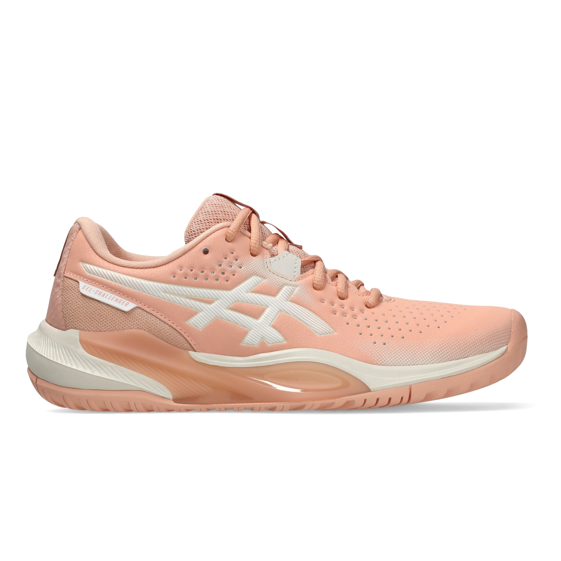 A single Asics tennis shoe in a soft peach and white colorway, shown from the side profile against a clean white background.
