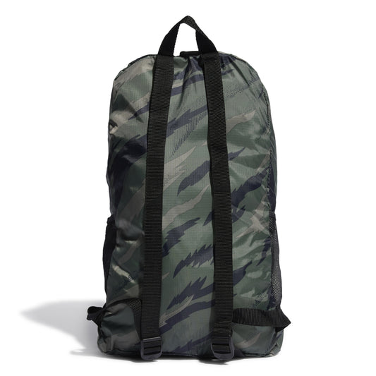 Camouflage-patterned backpack with black straps on a white background