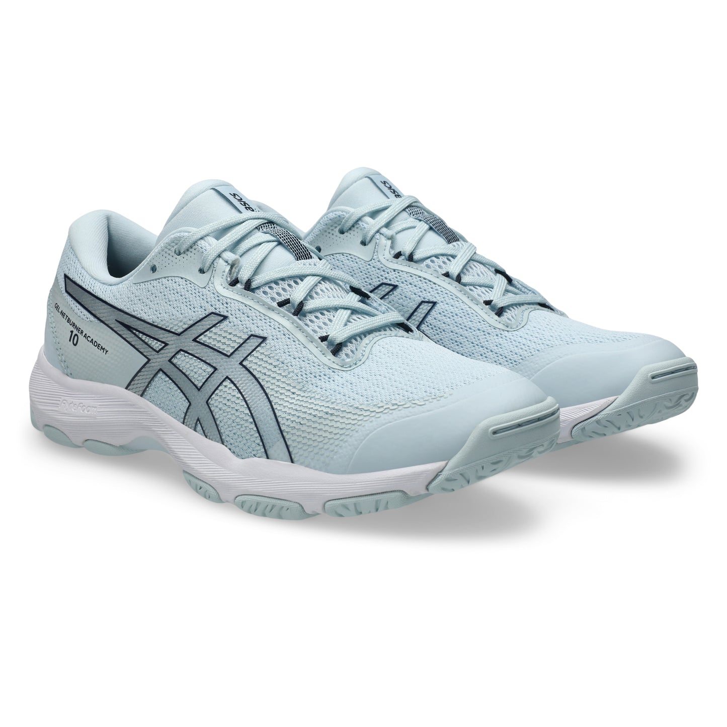 Light blue netball shoes with brand logo on a white background