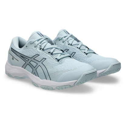 Light blue netball shoes with brand logo on a white background