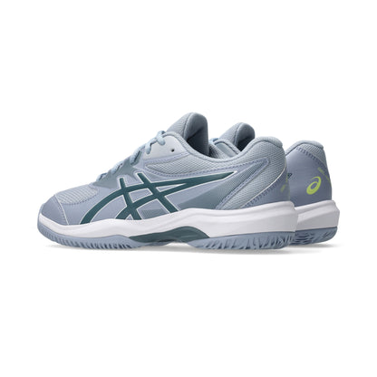 Blue and green Asics shoe on a white background