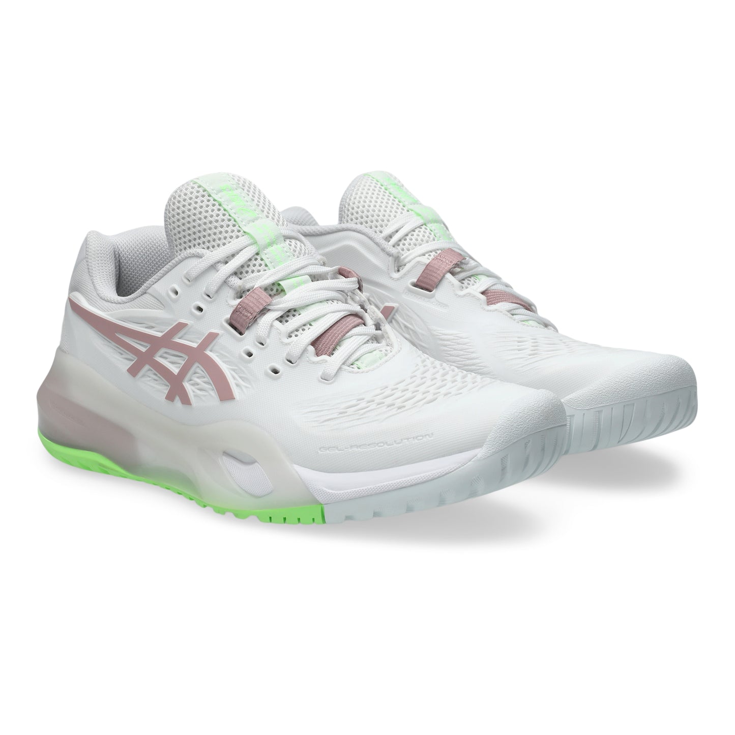 White Asics tennis shoes with pink and green accents on a white background
