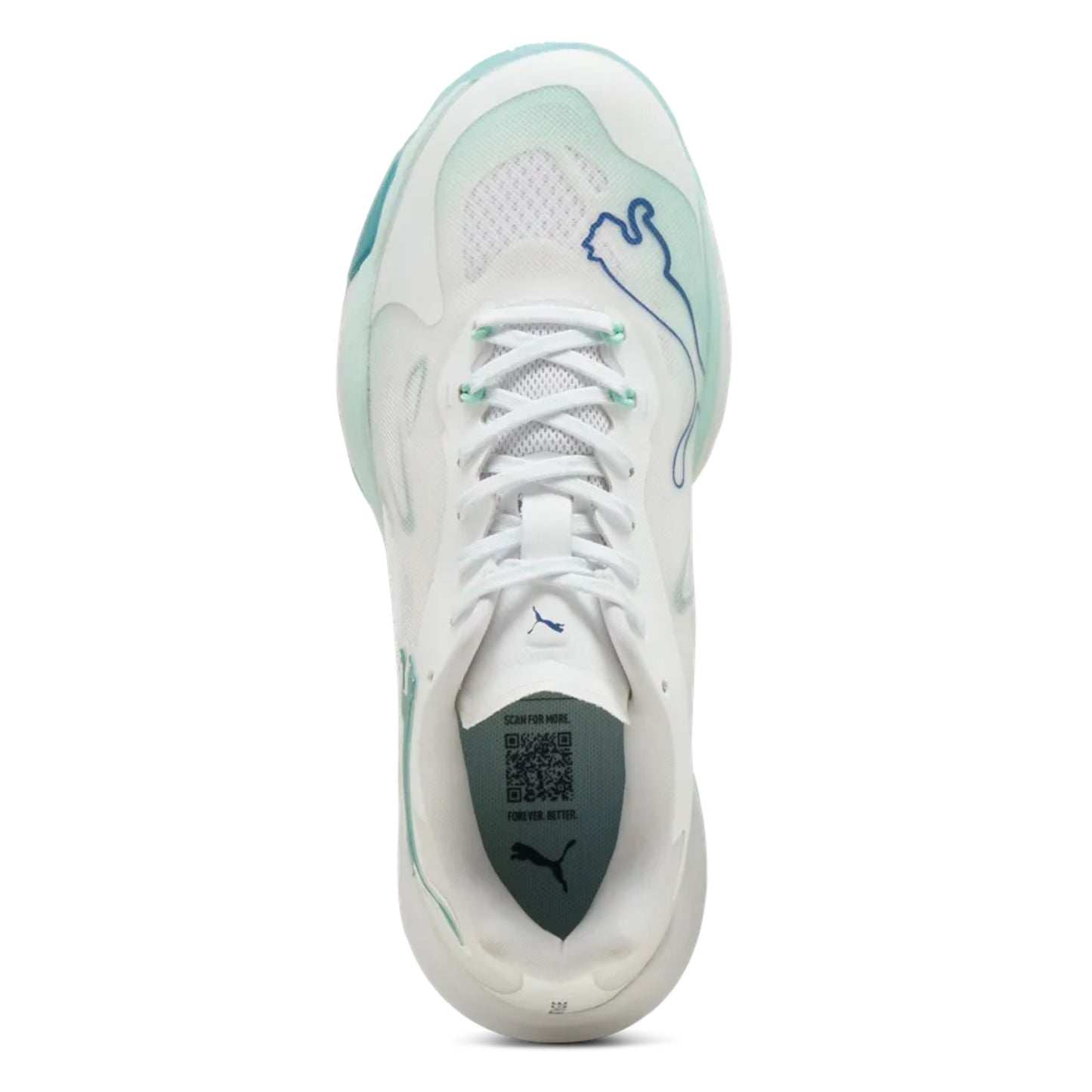 White and light blue netball shoe with a brand logo on a white background