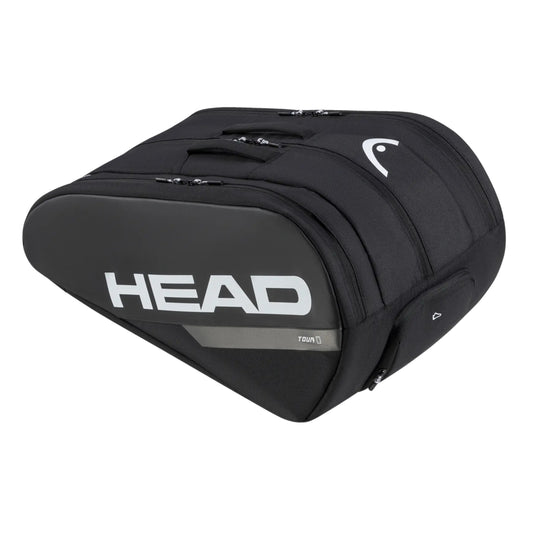 Black tennis bag with 'HEAD' logo on a white background