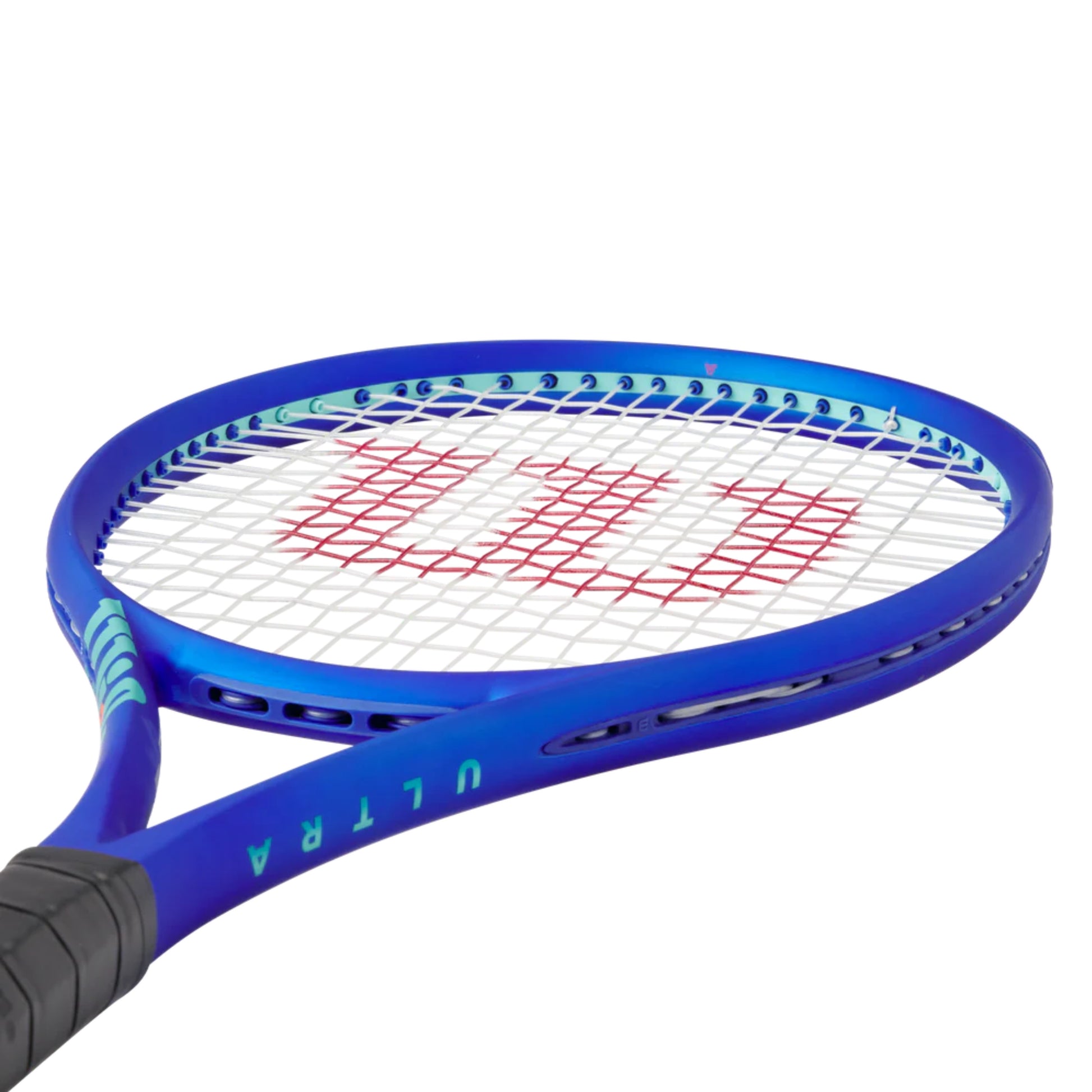 Blue tennis racket with a white and red string pattern on a white background