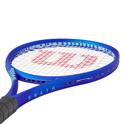 Blue tennis racket with a white and red string pattern on a white background