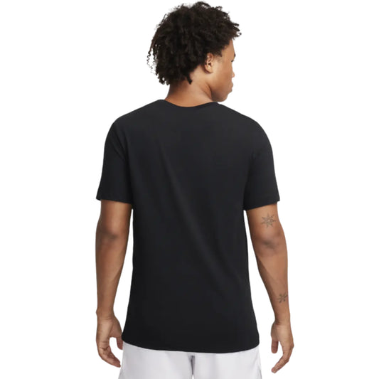 Person wearing a black Nike t-shirt on a white background