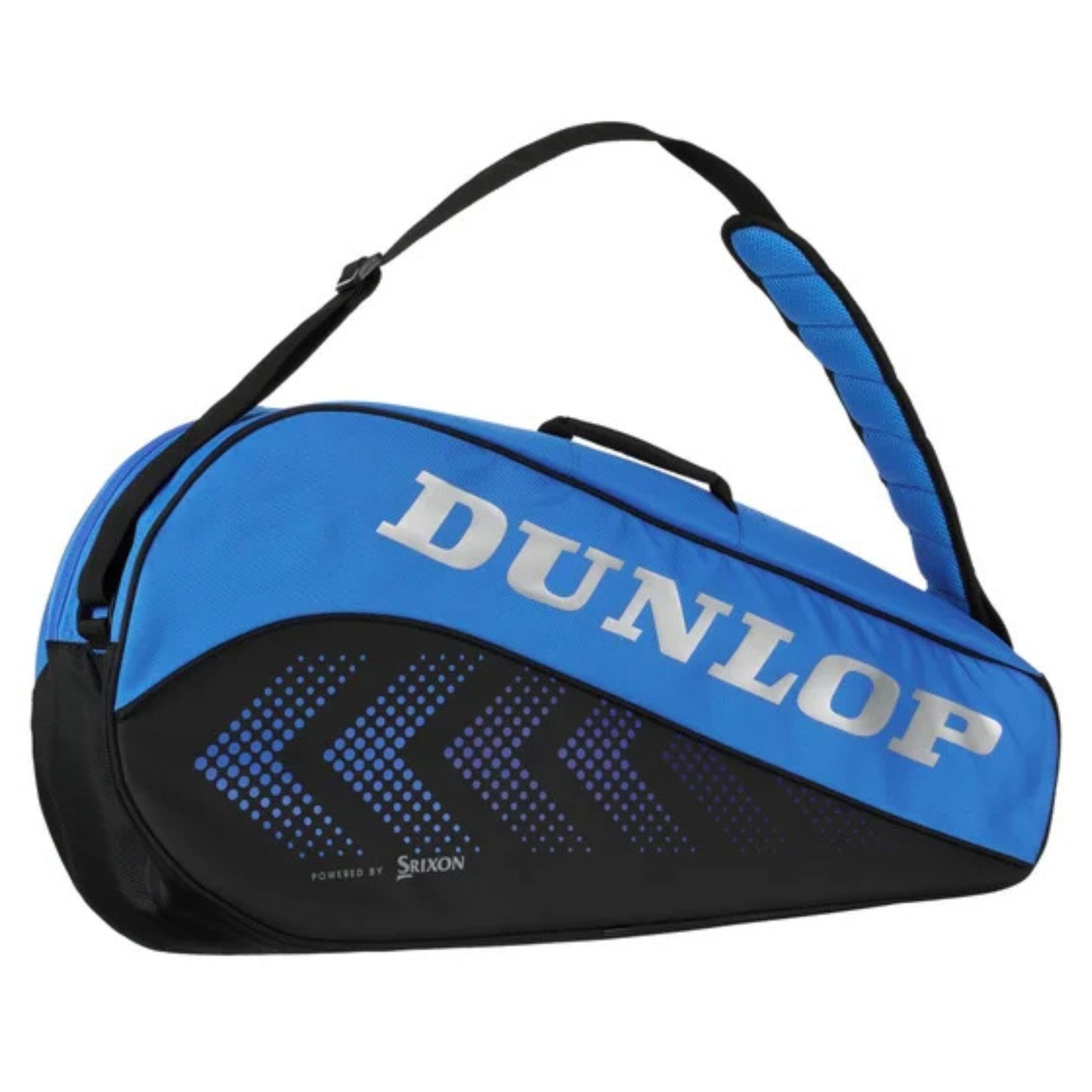 Dunlop blue and black 3 racket bag with Dunlop logo across the bag with strap