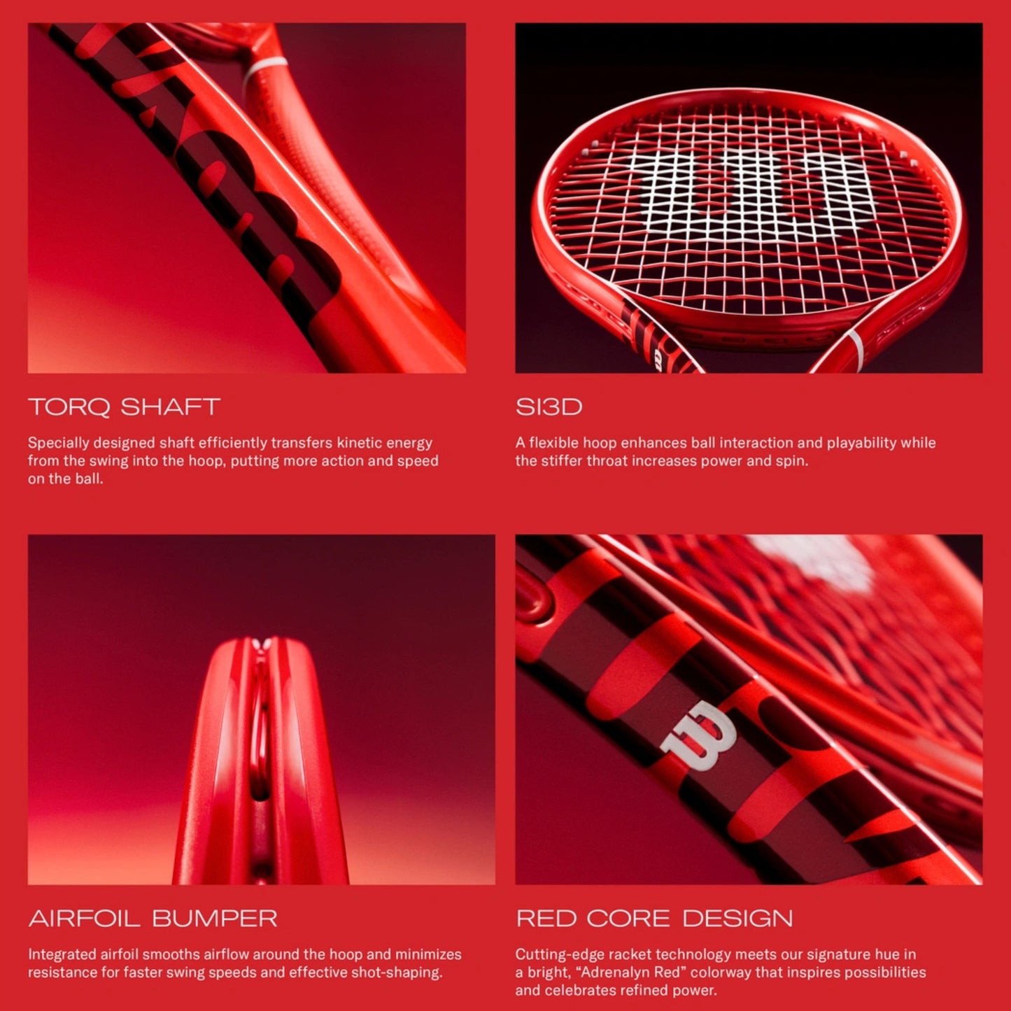 A promotional graphic for a red and black Wilson tennis racket, showing four feature callouts with text labels: Torq Shaft, S13D, Airfoil Bumper, and Red Core Design, all on a red background.