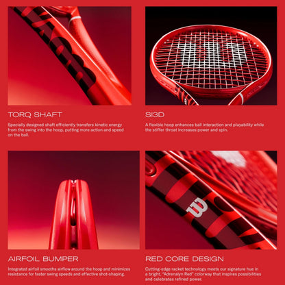 A promotional graphic for a red and black Wilson tennis racket, showing four feature callouts with text labels: Torq Shaft, S13D, Airfoil Bumper, and Red Core Design, all on a red background.