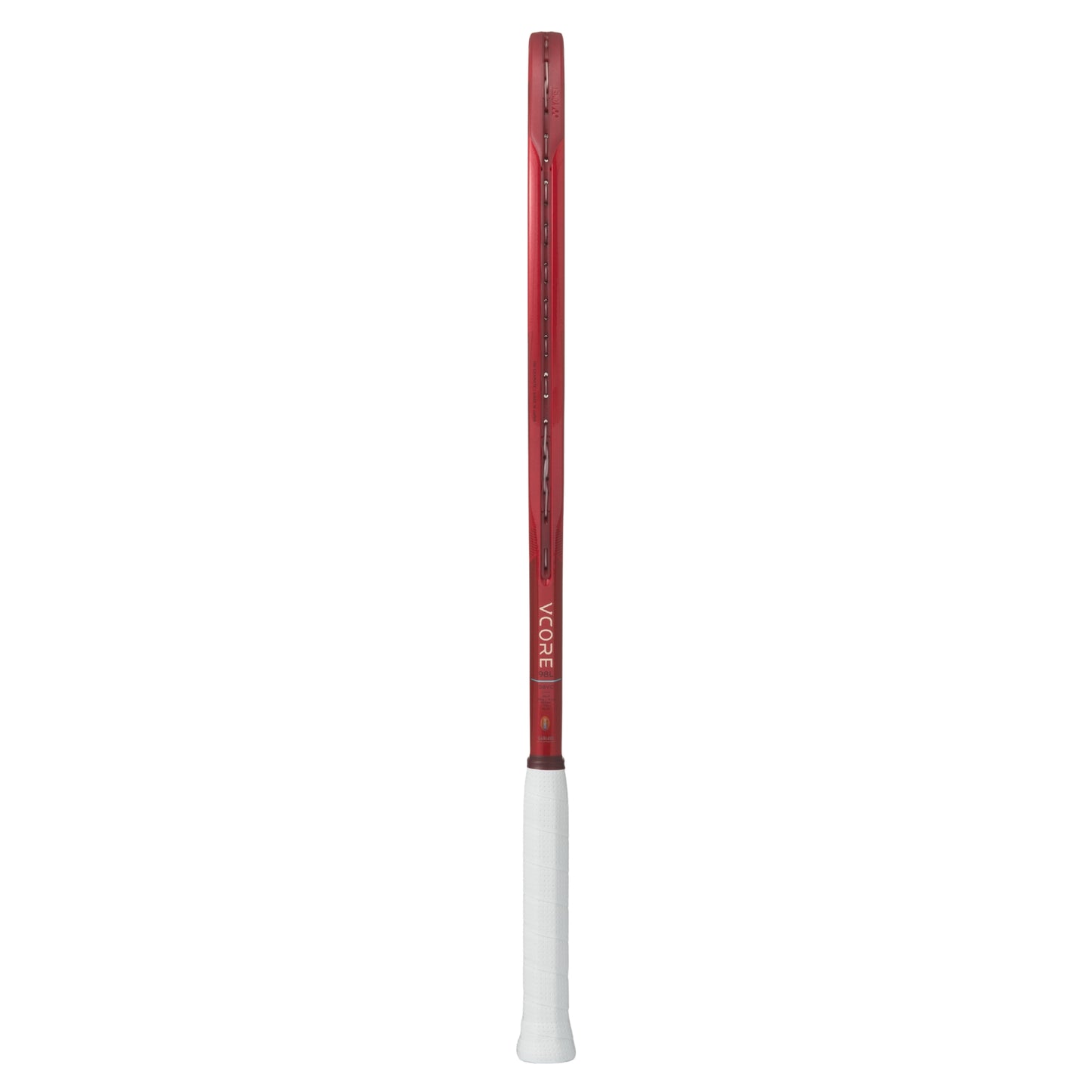 Red and white tennis racket on a white background