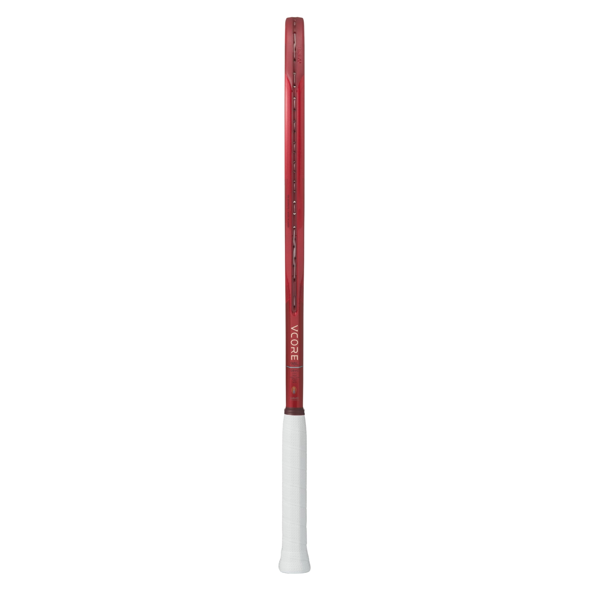 Red and white tennis racket on a white background