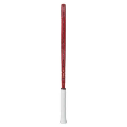 Red and white tennis racket on a white background