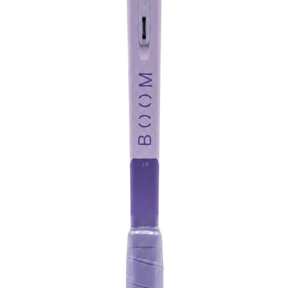 A close-up of a tennis racket shaft in lavender purple, featuring the vertical text 'BOOM' and a grip wrap near the bottom, set against a plain white background.
