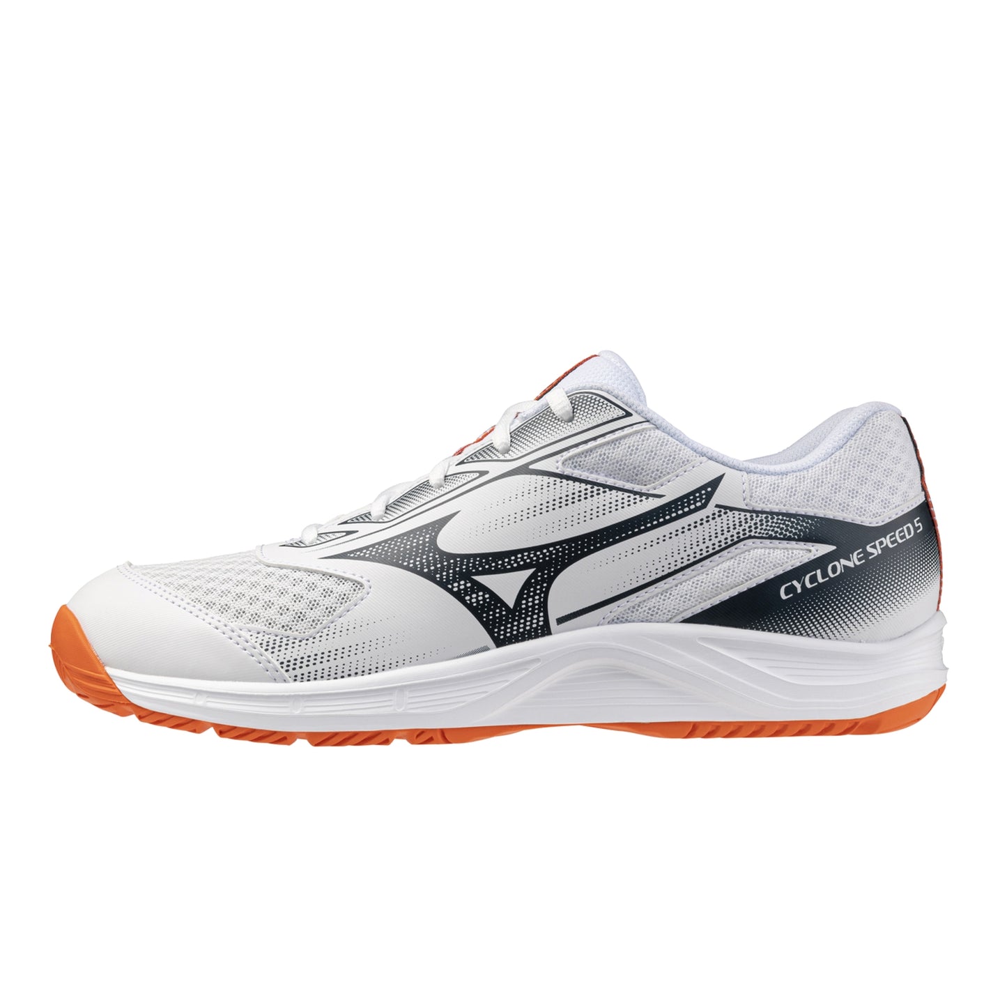 A white Mizuno squash shoe with a white mesh upper, a dark gray and black side stripe, and bright orange outsole accents, shown from a side profile on a white background.