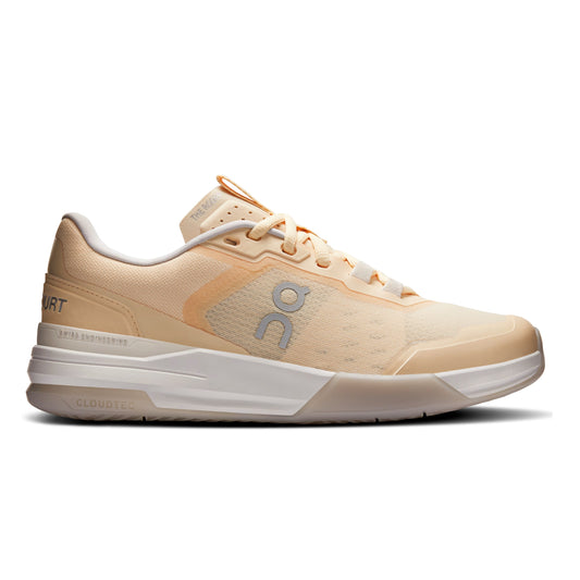 A single On tennis shoe in a light peach and cream colorway, featuring a textured mesh upper, a light blue 'on' logo on the side, and a thick white and beige CloudTec sole, shown against a plain white background.