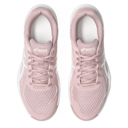 Pair of pink athletic shoes with white laces on a white background