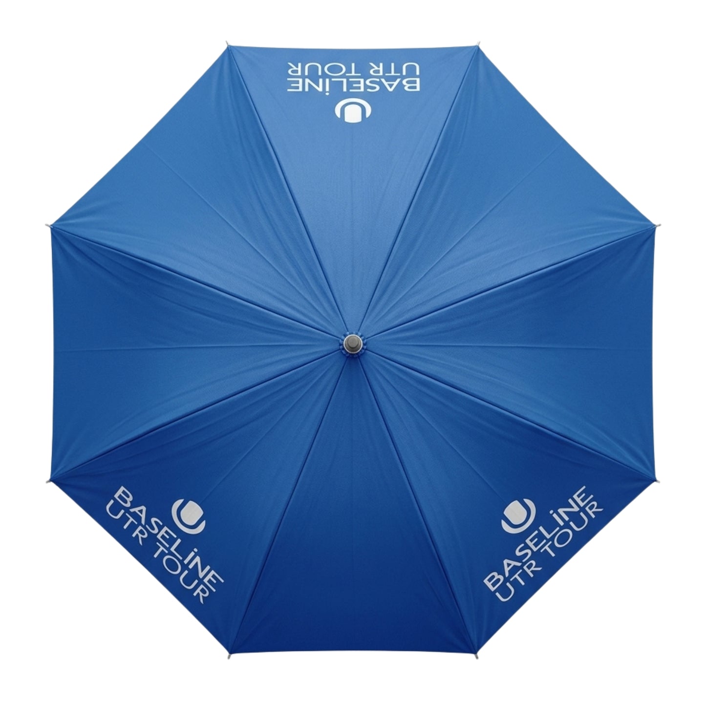 Blue umbrella with White Baseline UTR Tour logo