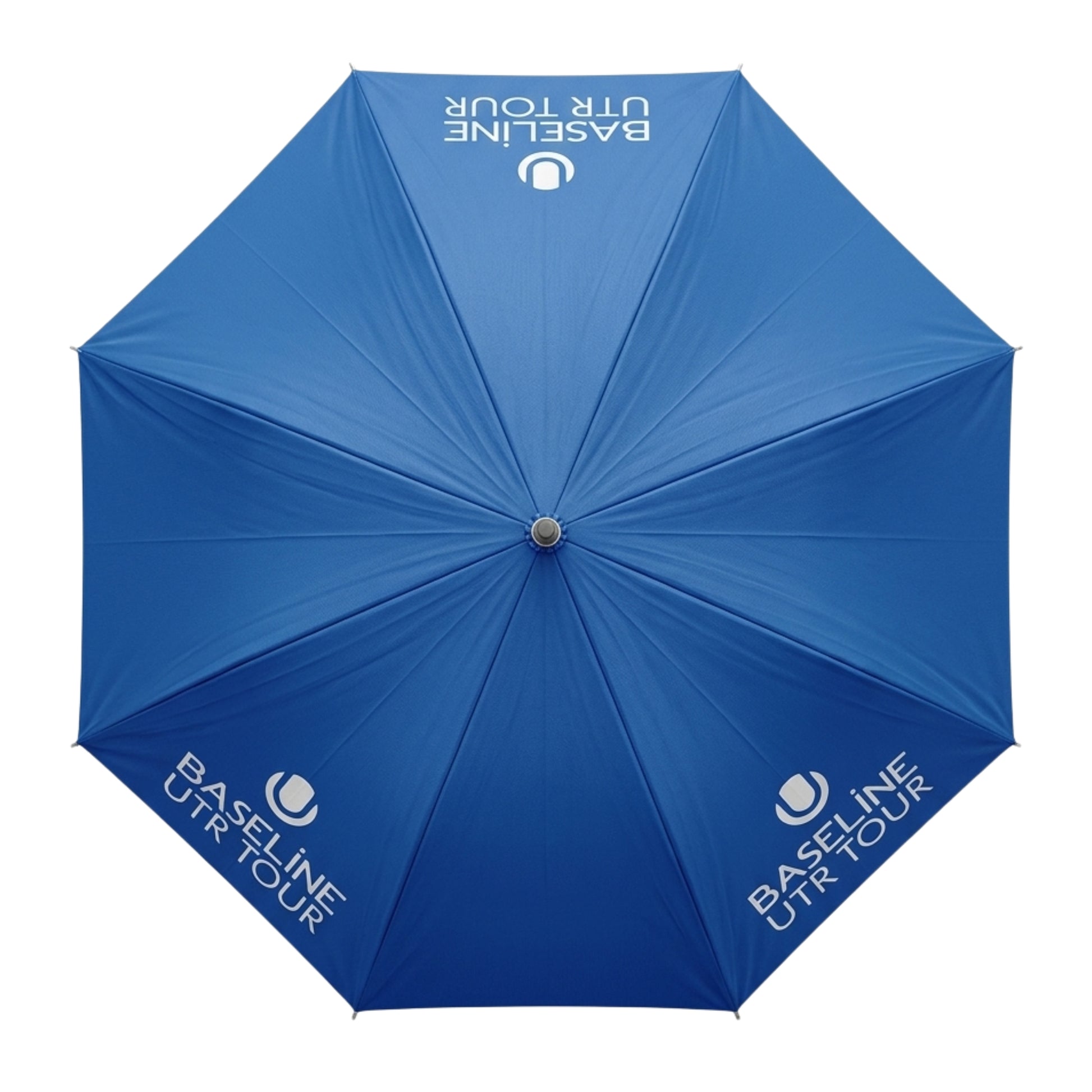 Blue umbrella with White Baseline UTR Tour logo