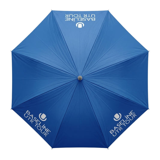 Blue umbrella with White Baseline UTR Tour logo