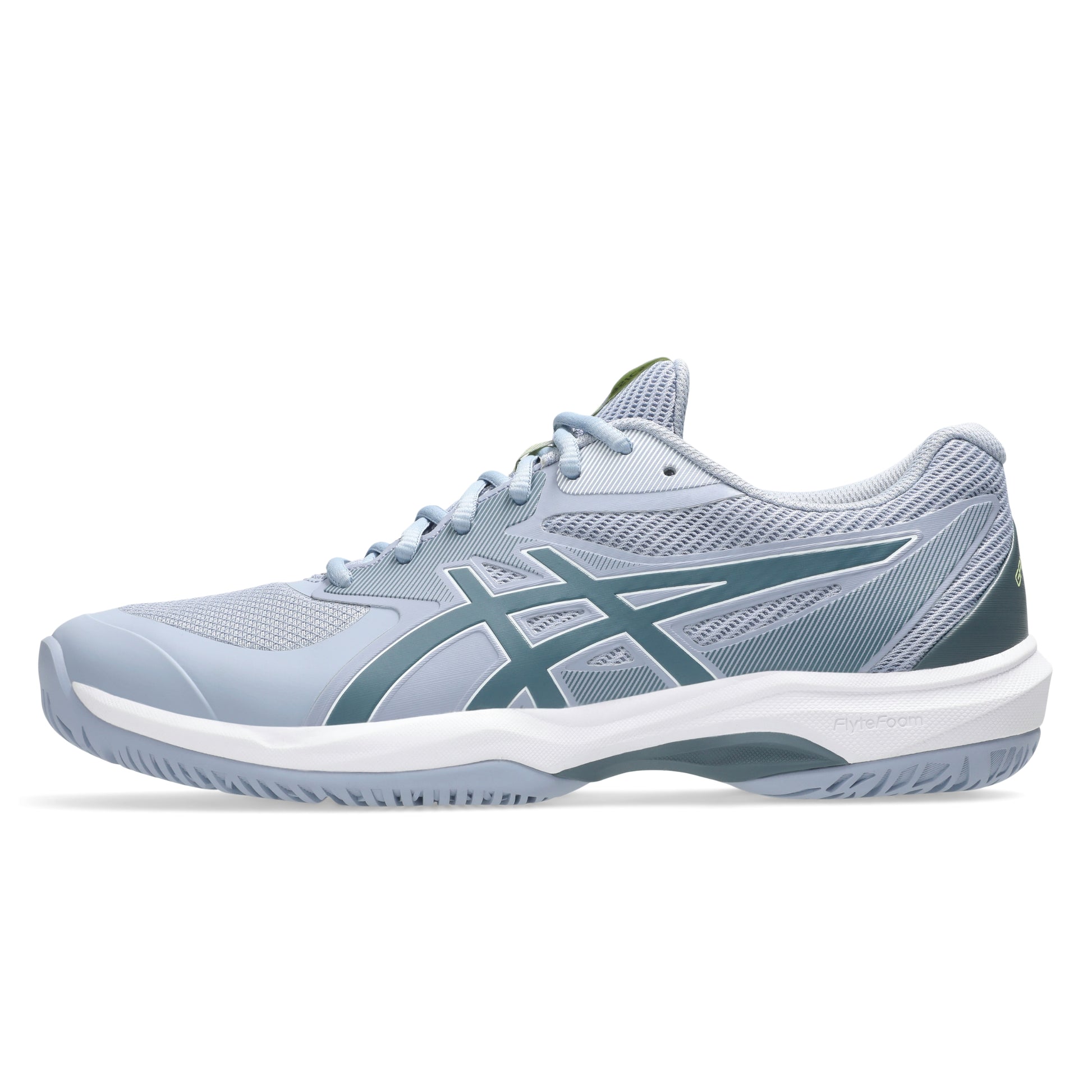 Light gray tennis shoe with white sole on a white background