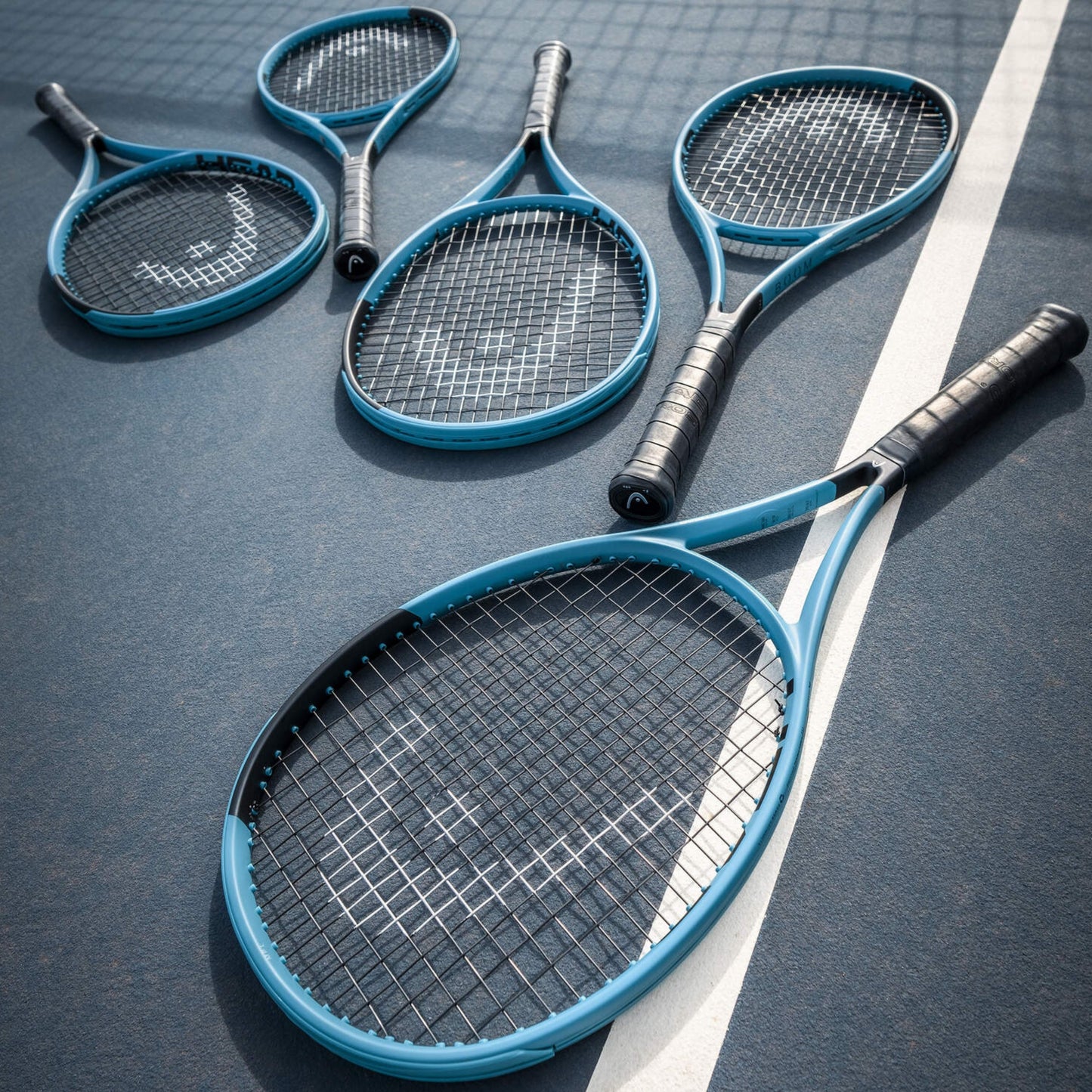Four blue Head tennis rackets on a dark surface
