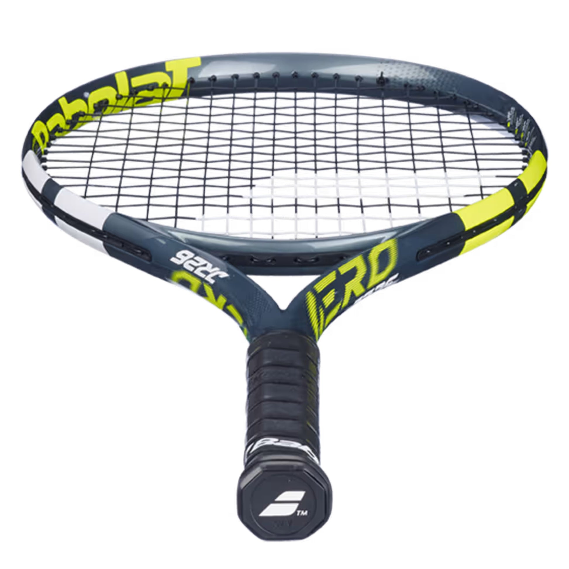 Tennis Babolat racket with blue and yellow design on a white background