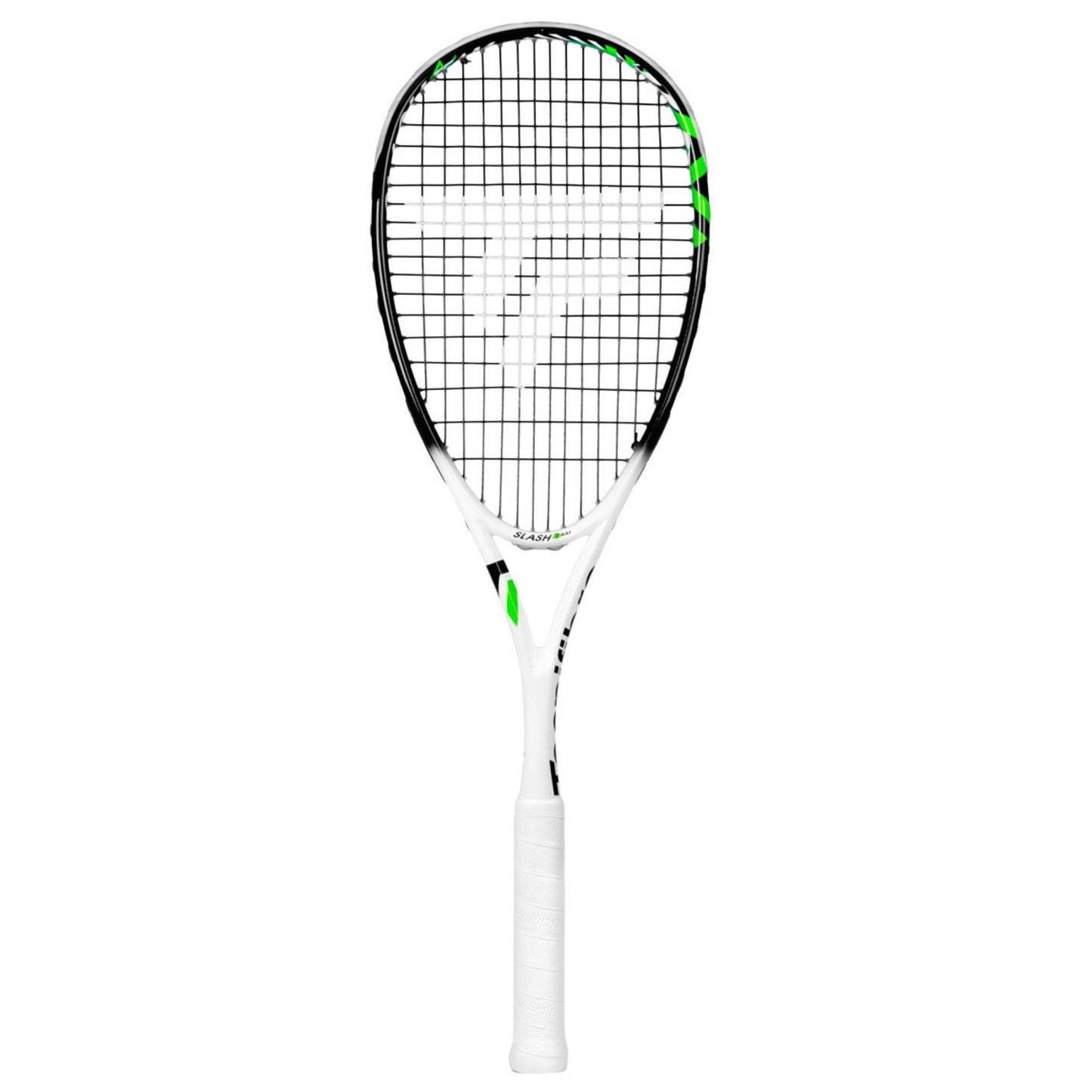 Black and white Tecnifibre squash racket on a white background