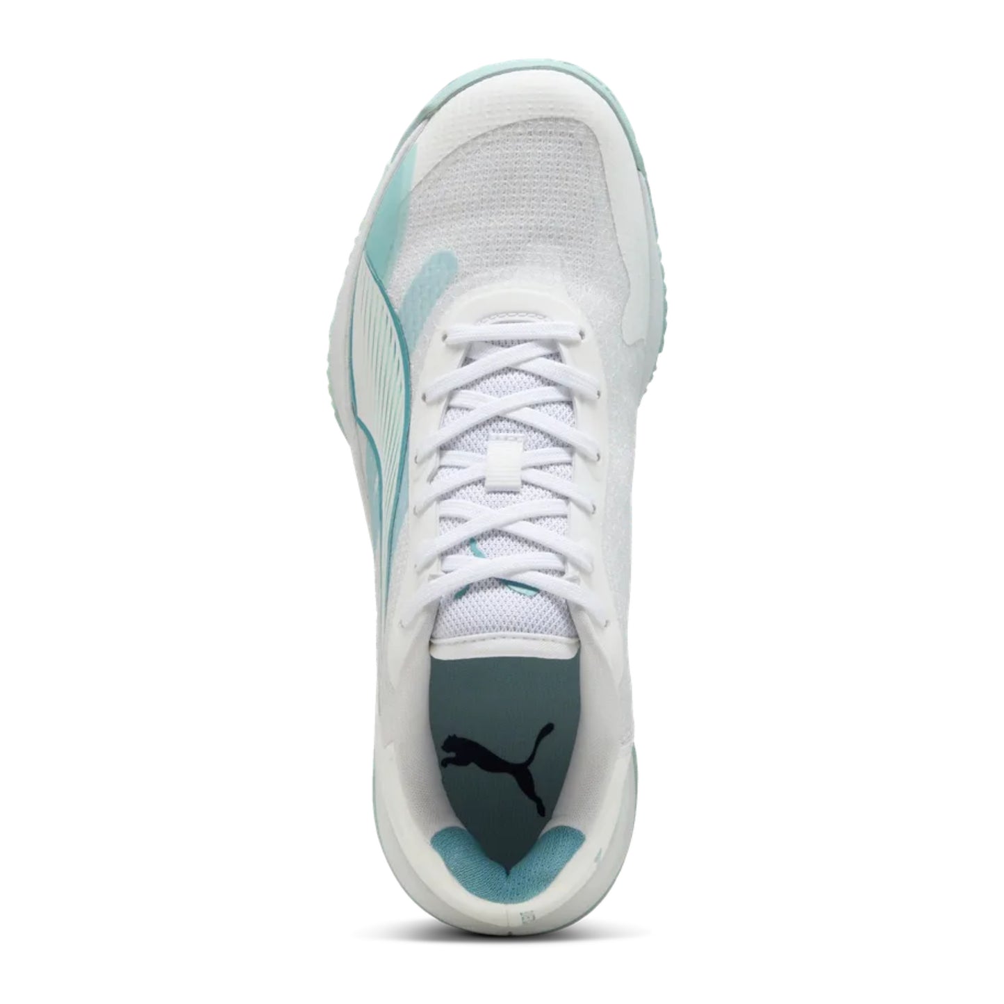 White and light blue netball shoe with Puma logo on a white background