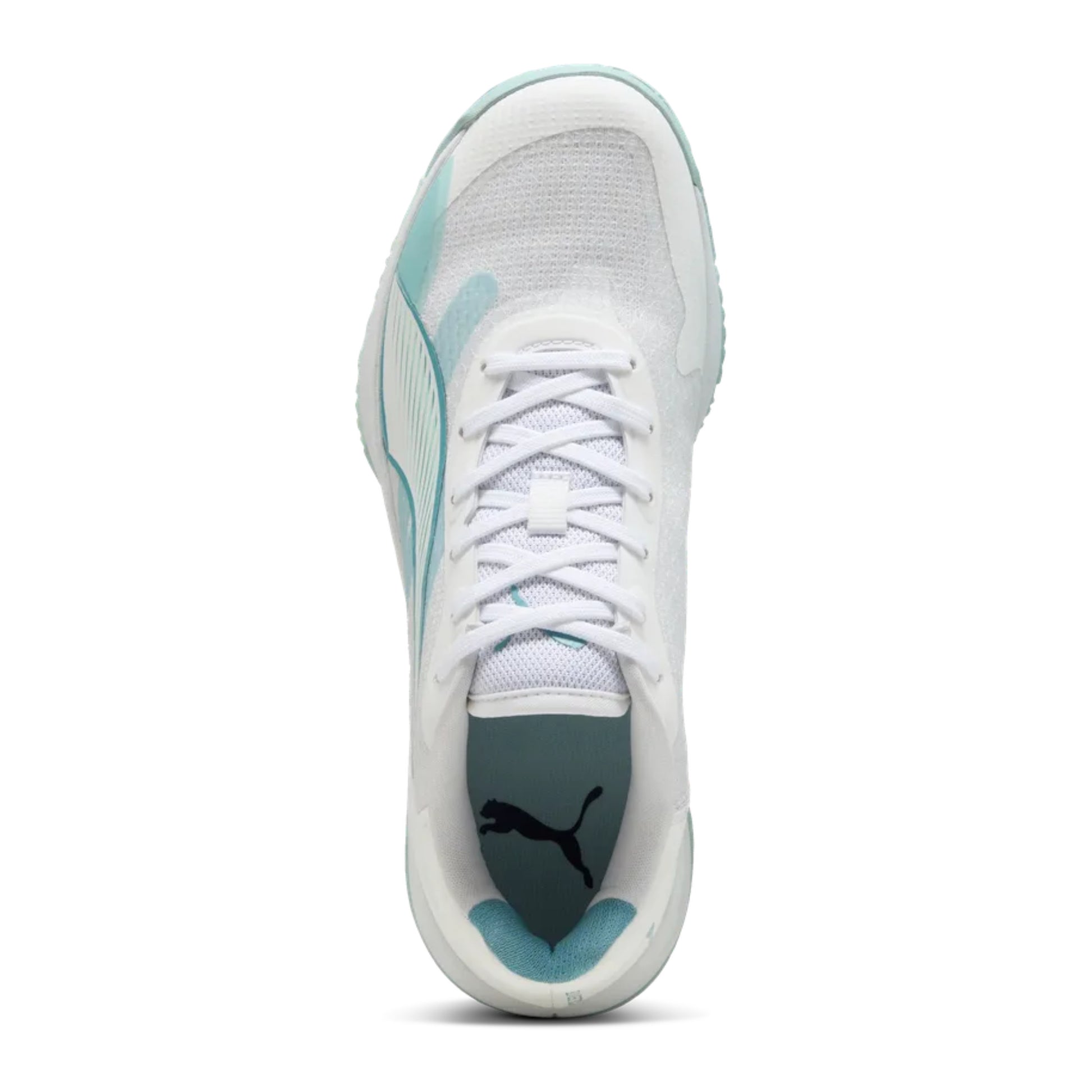 White and light blue netball shoe with Puma logo on a white background