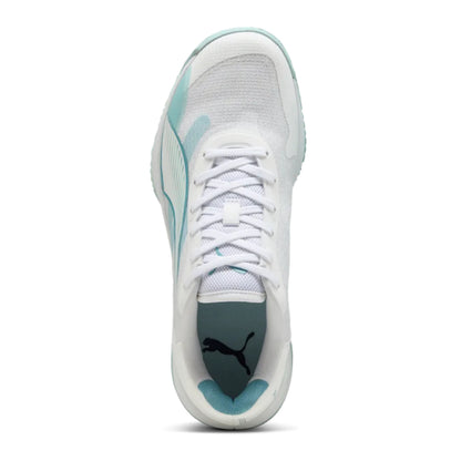 White and light blue netball shoe with Puma logo on a white background