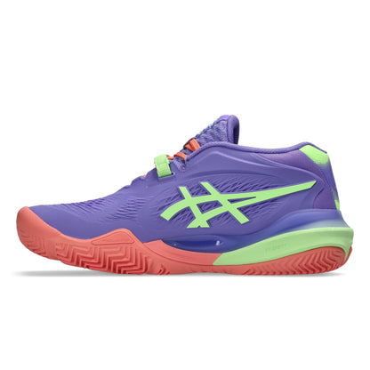 Purple padel shoe with green and orange accents on a white background