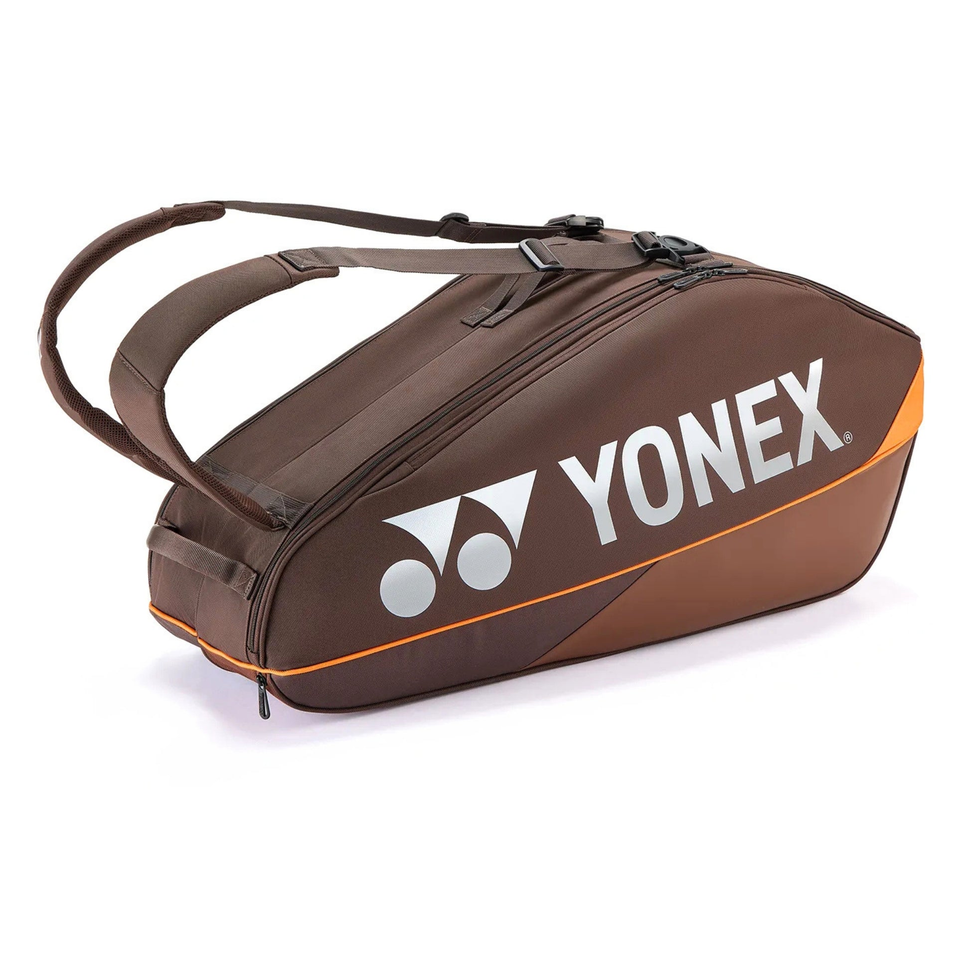 Brown Yonex racket bag on a white background