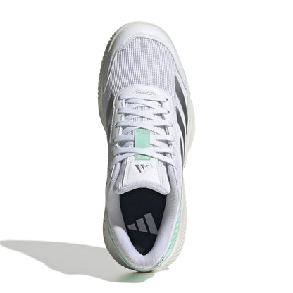 A white Adidas padel shoe shown from a top-down angle on a white background, featuring gray three-stripes, a mint green tongue accent, and a dark navy interior.