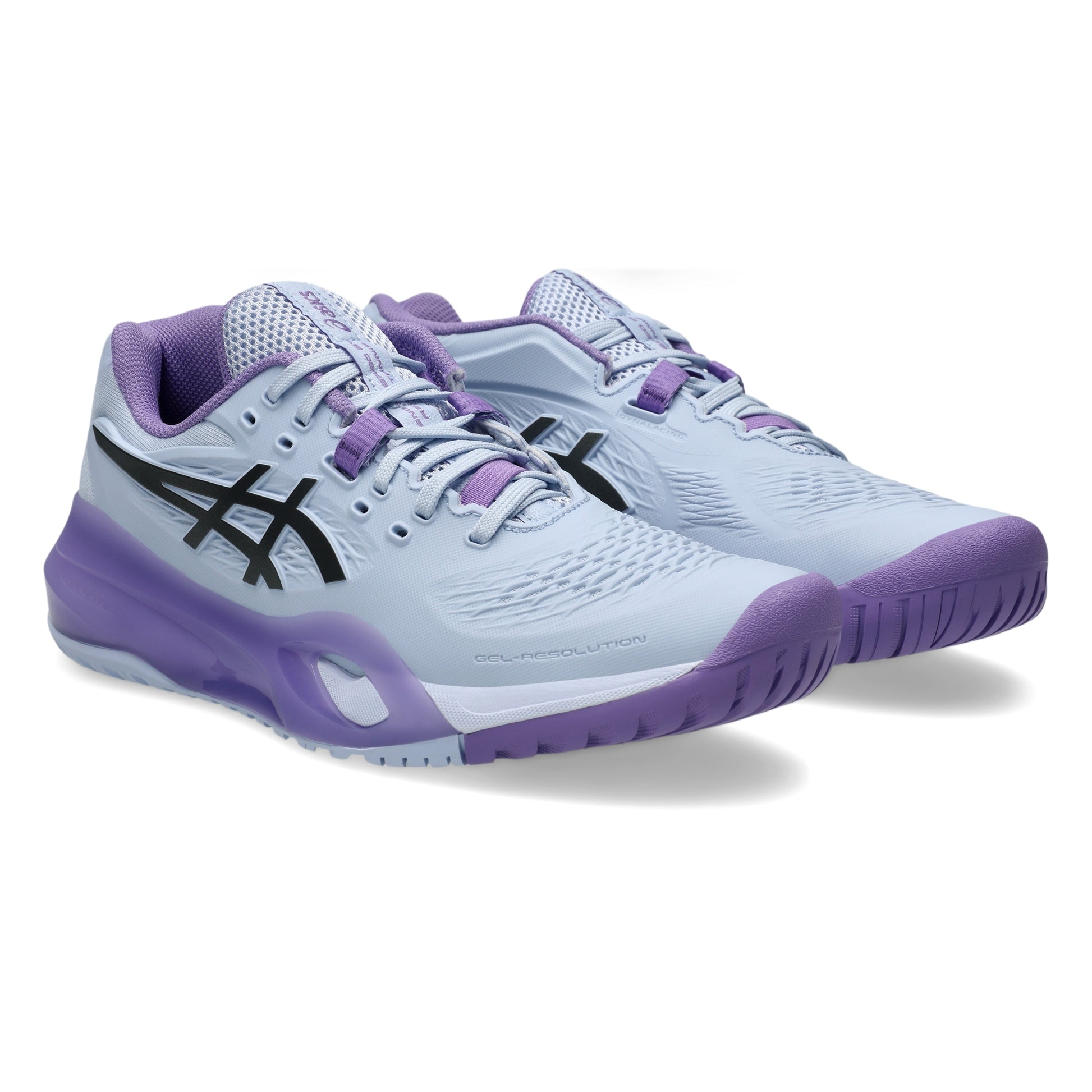 A pair of ASICS tennis shoes in light blue and purple, featuring a black side stripe logo, shown on a clean white background.