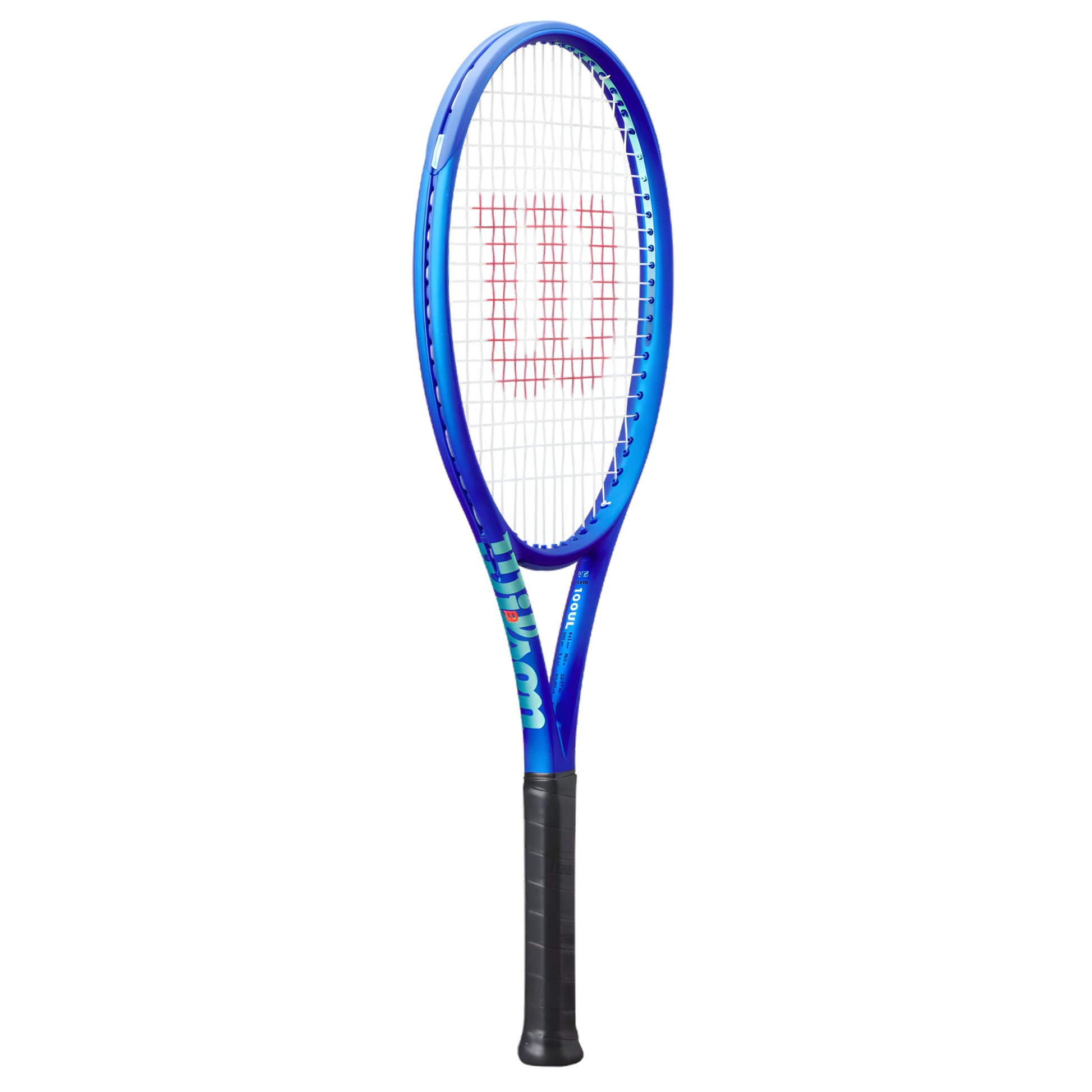 Blue tennis racket with Wilson branding on a white background