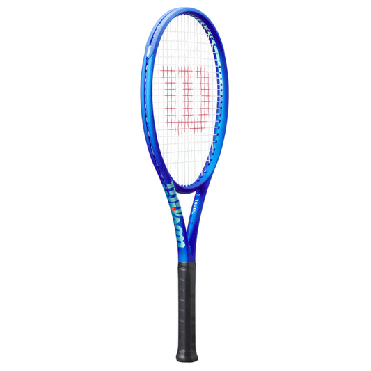 Blue tennis racket with Wilson branding on a white background
