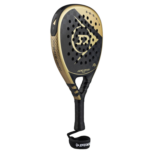 Black and gold Dunlop padel racket on a white background