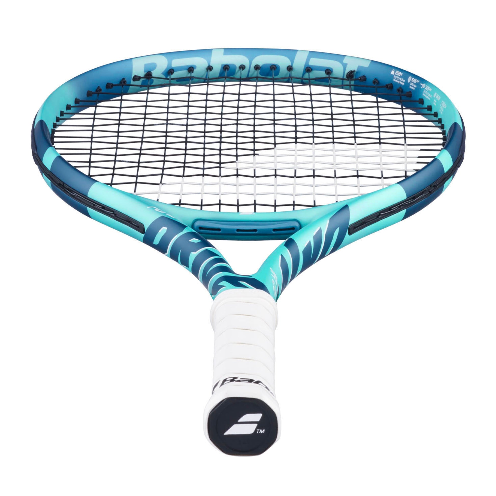 Teal and Navy Babolat racket side view with wording Pure Drive on the left side and a white handle