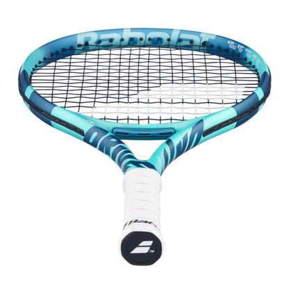 Teal and Navy Babolat racket side view with wording Pure Drive on the left side and a white handle