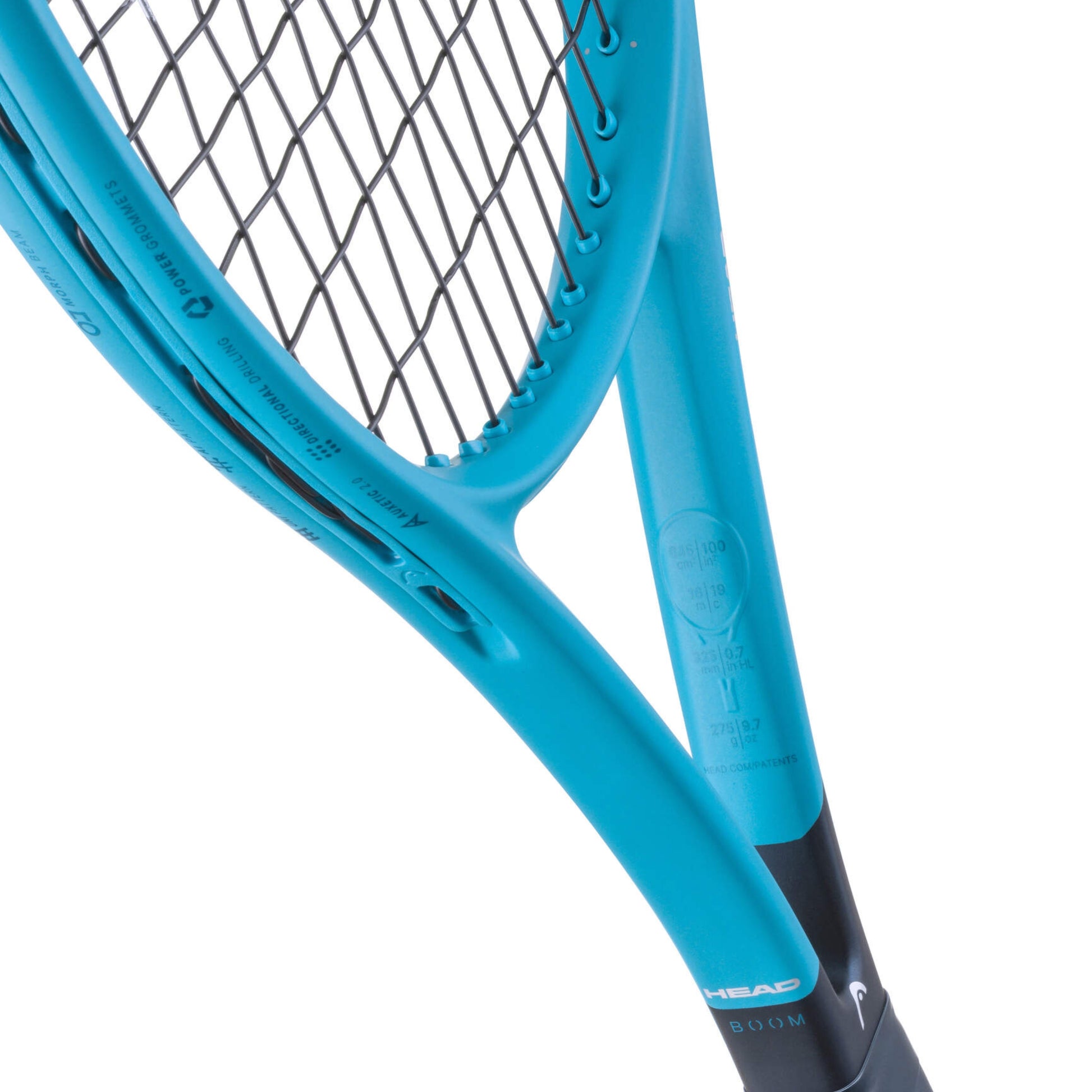 Close-up of a blue Head tennis racket with a white background
