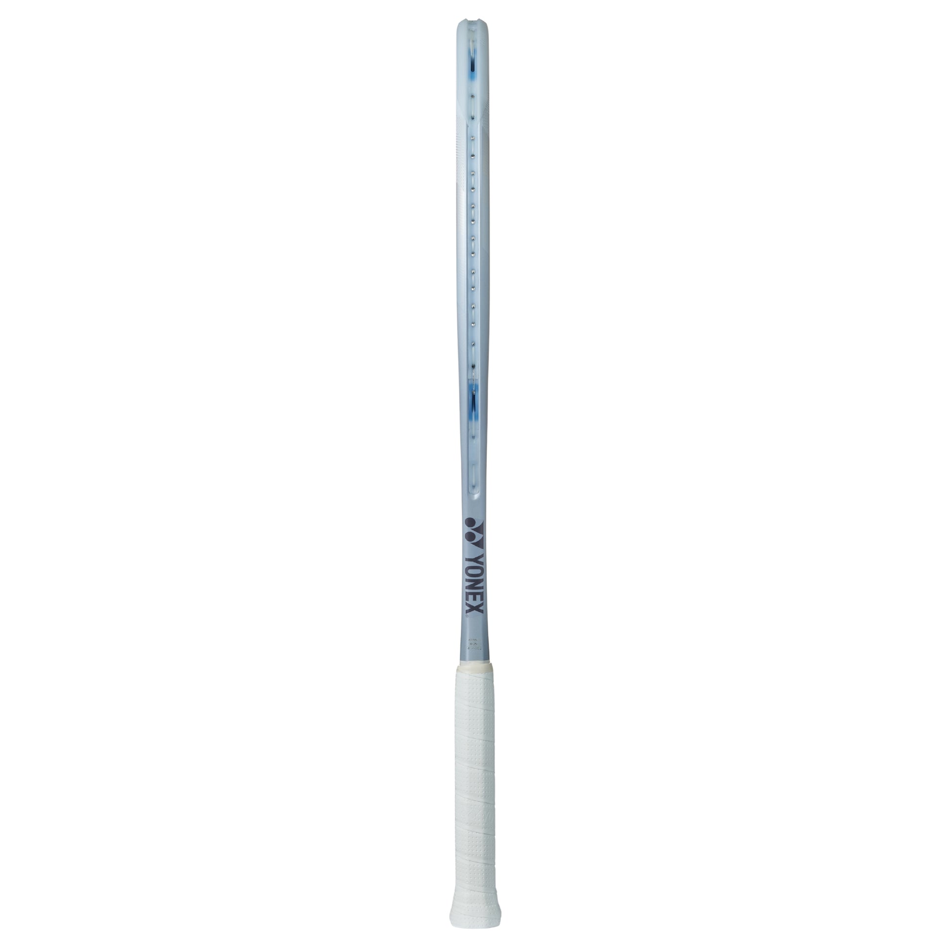 Silver Yonex tennis racket with a white handle and on a white background