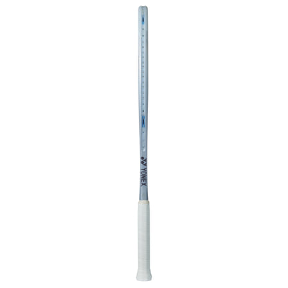 Silver Yonex tennis racket with a white handle and on a white background