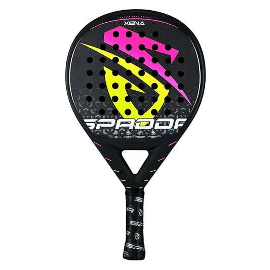 Spadda Padel racket with black, pink, and yellow design on a white background